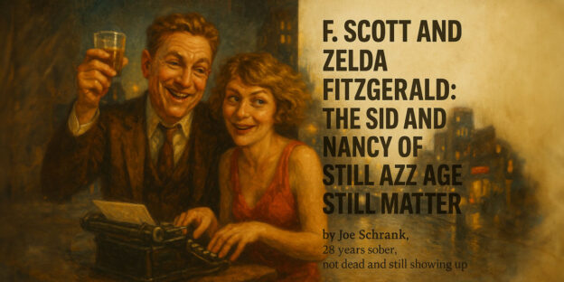 Painting-style image of F. Scott and Zelda Fitzgerald. F. Scott is holding up a glass and smiling, while Zelda sits beside him at a typewriter, both appearing joyful. Overlay text reads: “F. Scott and Zelda Fitzgerald: The Sid and Nancy of the Jazz Age Still Matter” by Joe Schrank, 28 years sober, not dead and still showing up.
