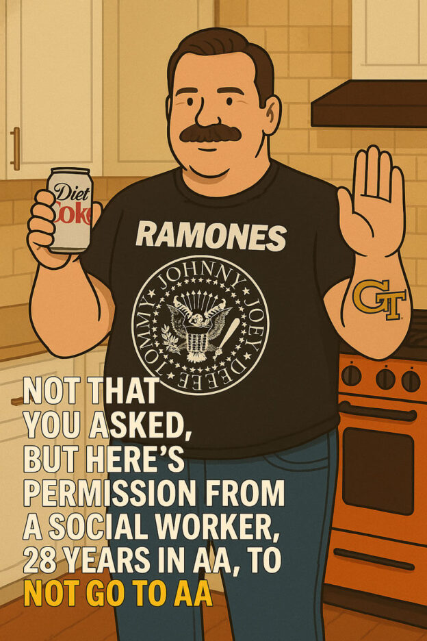 Illustration of a mustached man holding a Diet Coke can, wearing a Ramones t-shirt and a GT tattoo on his arm, standing in a kitchen. Text reads: “Not that you asked, but here’s permission from a social worker, 28 years in AA, to NOT GO TO AA.”